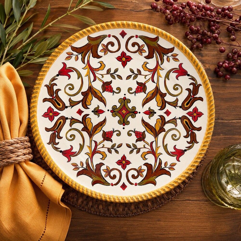 Pier 1 Oralia Dinner Plate 11.75” Earthenware Floral Scroll Tuscan Discontinued